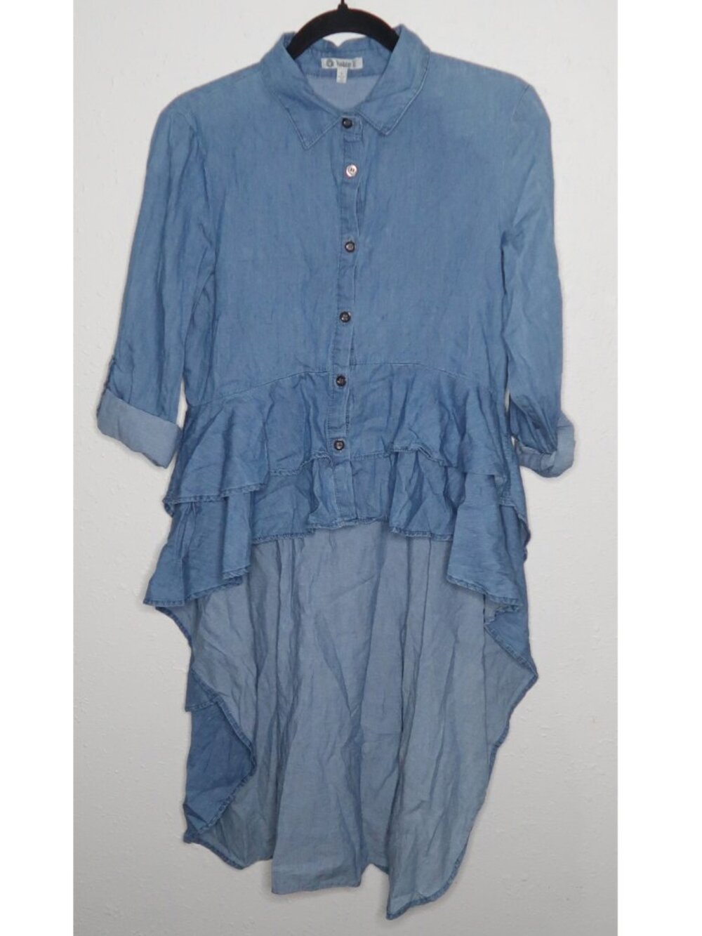 Denim Hi Low Ruffle Hem Button Down Blouse
